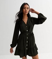 New Look Khaki Long Sleeve Belted Tiered Mini Smock Dress